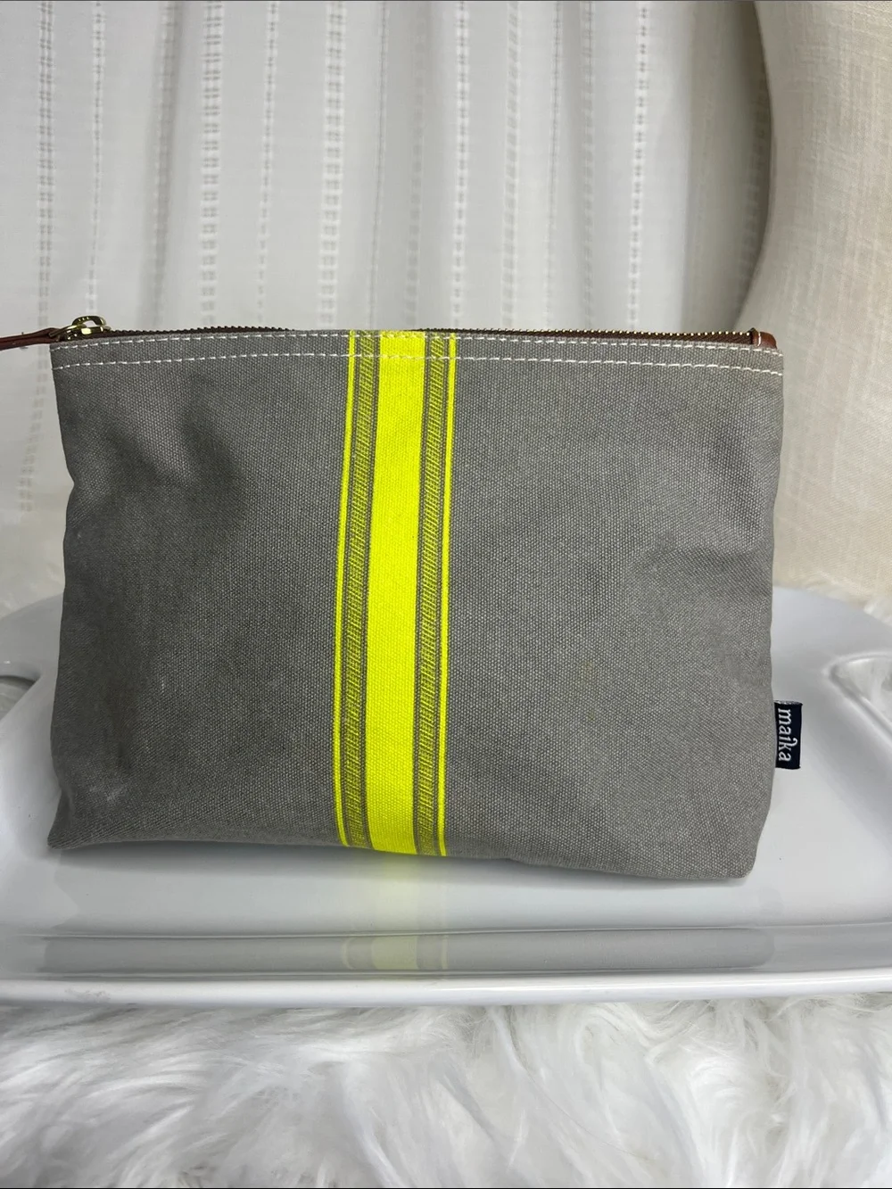 Maika Gray Canvas Pouch with Neon Yellow Center Stripe